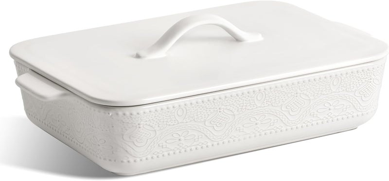 FE FUN ELEMENTS Casserole Dish with Lid, Ceramic 9x13 Casserole Dish for Oven, Rectangular Bakeware, Large Baking Dish with Handles for Holiday Cooking, Roasting, Baking, Oven & Microwave Safe (White) - Image 1